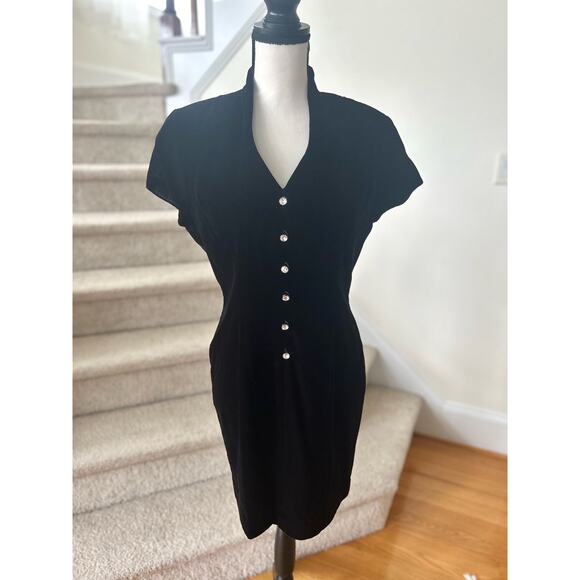 Adrianna Papell Dresses & Skirts - Vintage Adrianna Papell Black Crushed Velvet Rhinestone Button Sheath Dress